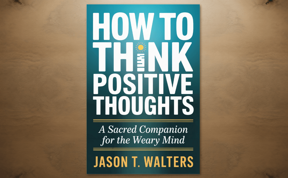 Book cover of How to Think Positive Thoughts by Jason T Walters featuring a gold Flower of Life design on a dark textured background.