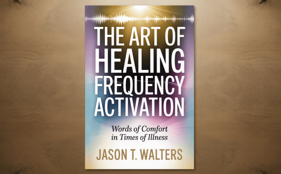 Book cover of The Art of Healing Frequency Activation by Jason T Walters, featuring a warm-toned landscape with sunlight over hills and flowers.