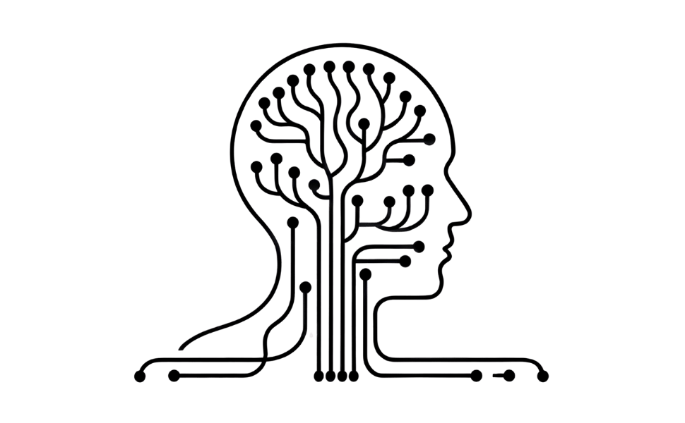 Minimal black circuitry forming an abstract mind