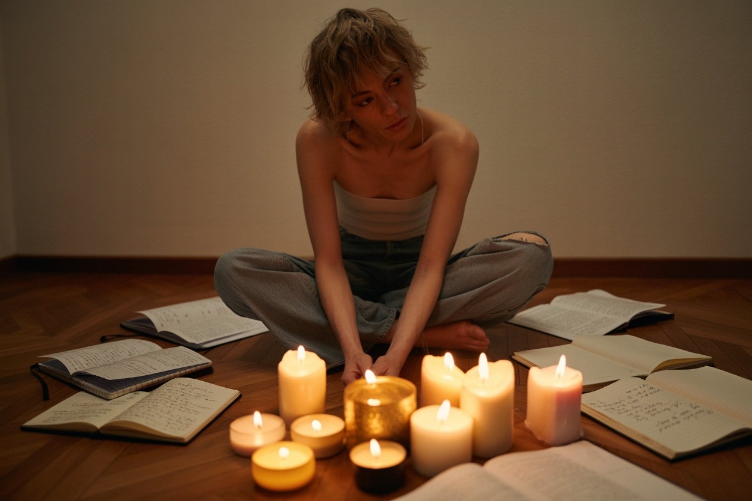 Woman sitting on floor surrounded by candles and open notebooks.