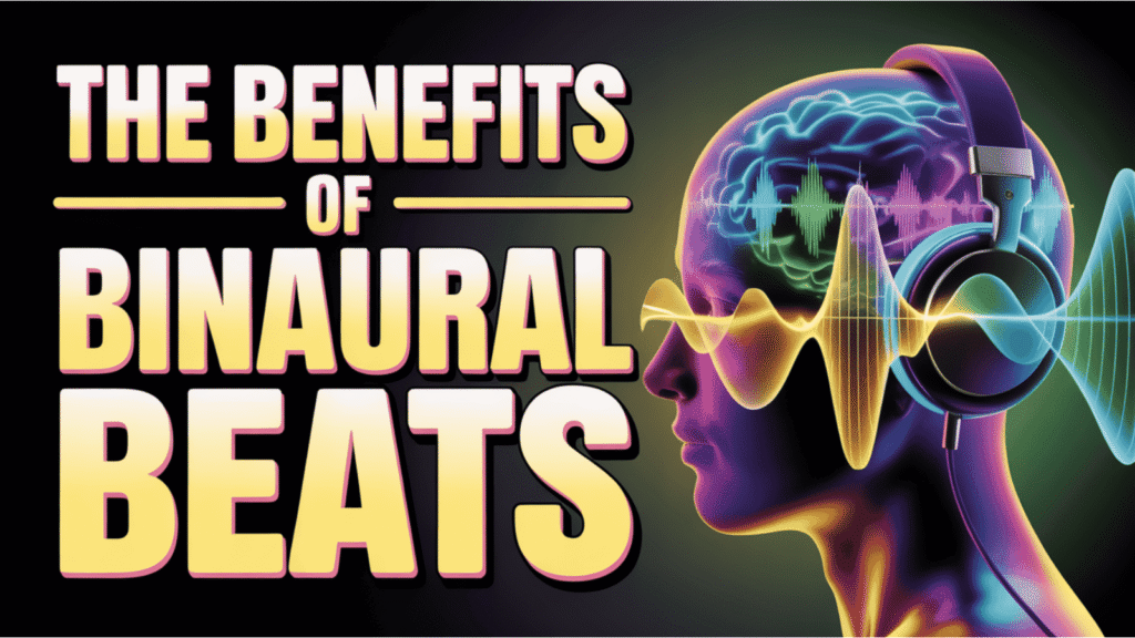 Illustration of a person wearing headphones with colorful brainwave patterns representing the effects of binaural beats.