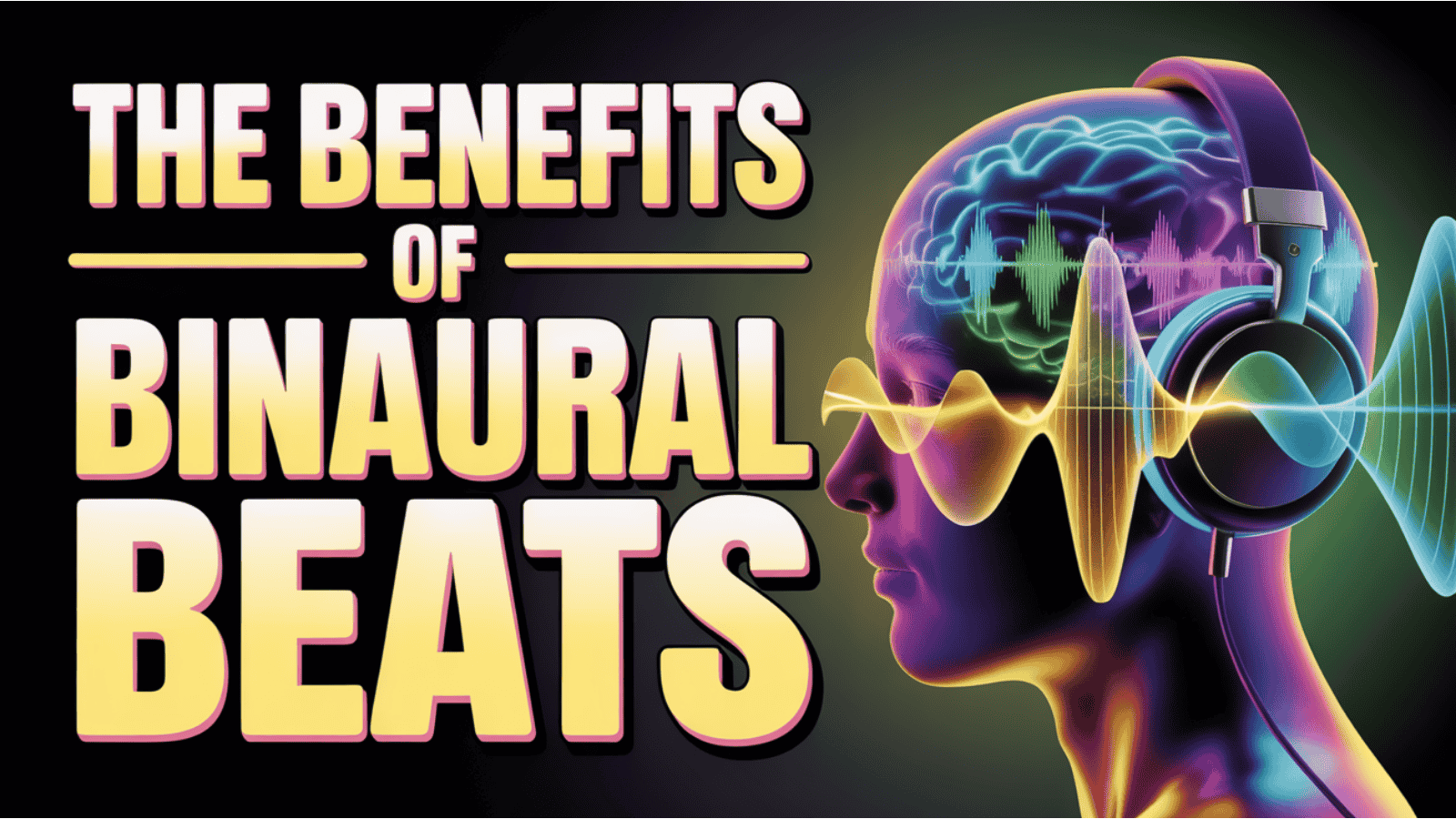 Illustration of a person wearing headphones with colorful brainwave patterns representing the effects of binaural beats.