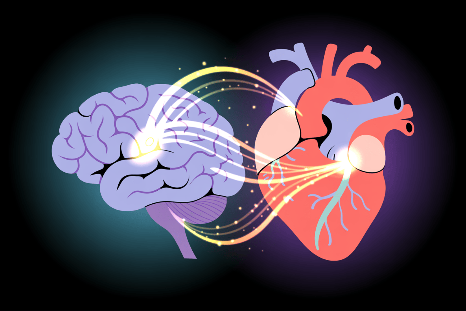 Medical style illustration showing brain and heart connected by light lines on blue background