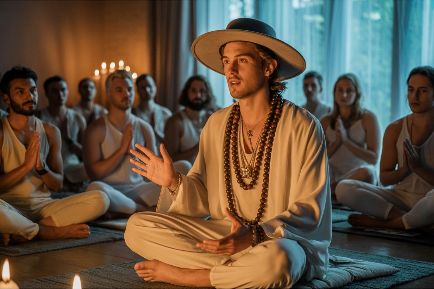 Man wearing casual clothes speaking to a seated group in a dim room with candles.