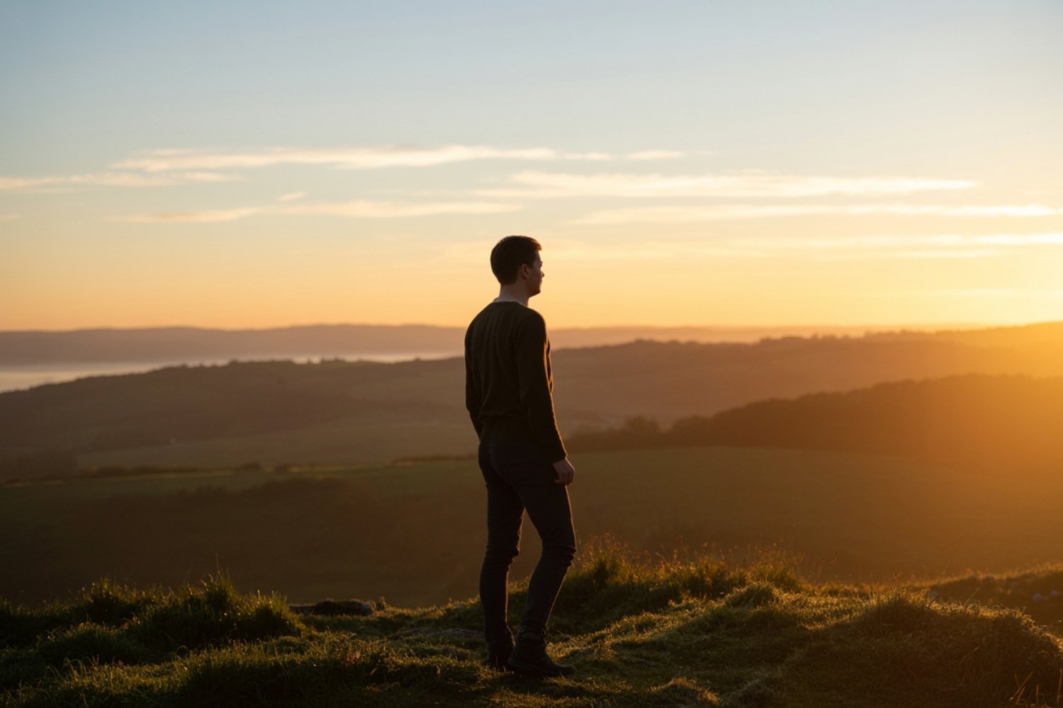 Person standing outdoors on a hill at sunrise with sunlight behind them.