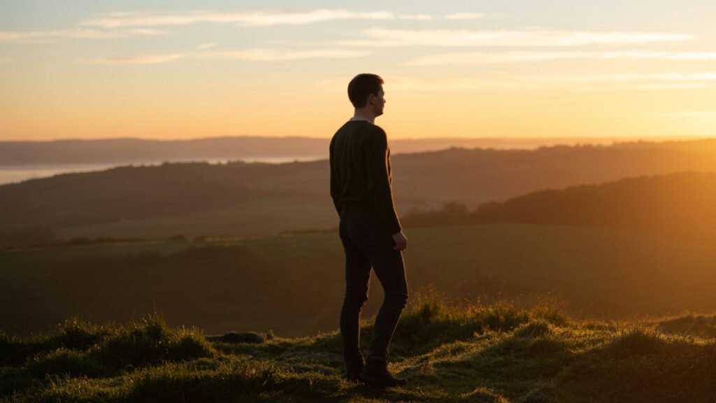 Person standing outdoors on a hill at sunrise with sunlight behind them.
