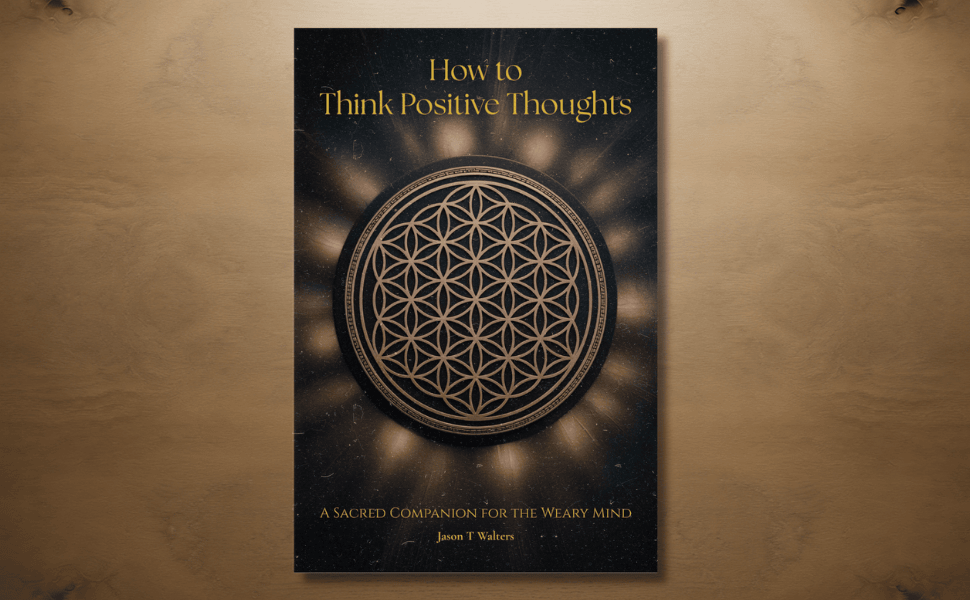 Book cover of How to Think Positive Thoughts by Jason T Walters featuring a gold Flower of Life design on a dark textured background.