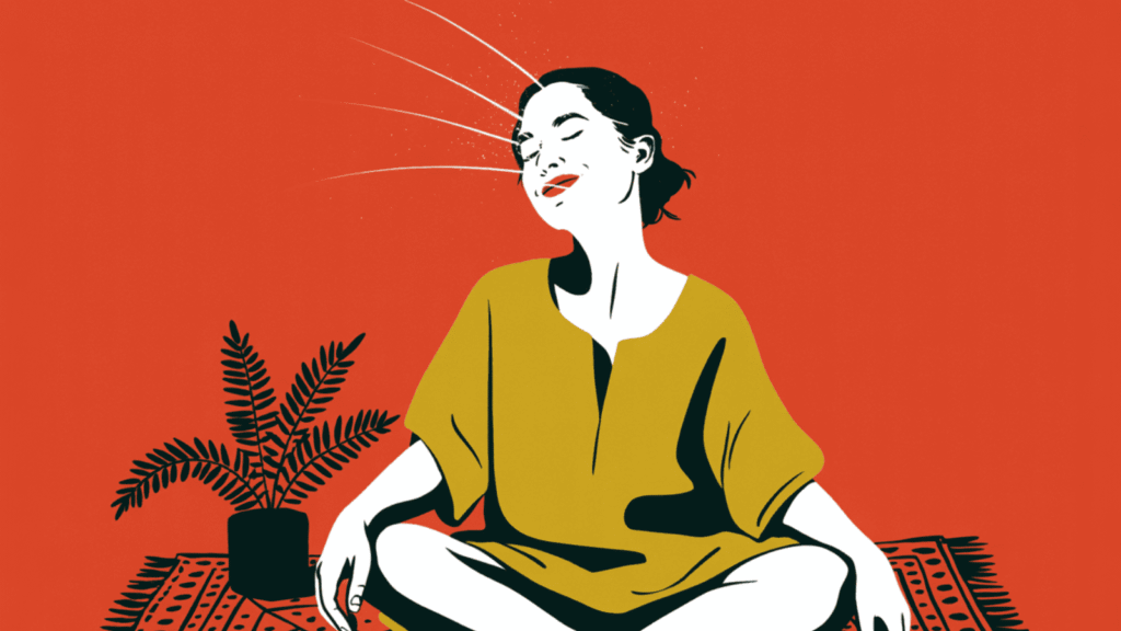 Woman sitting cross-legged in peaceful meditation, smiling with relaxed posture