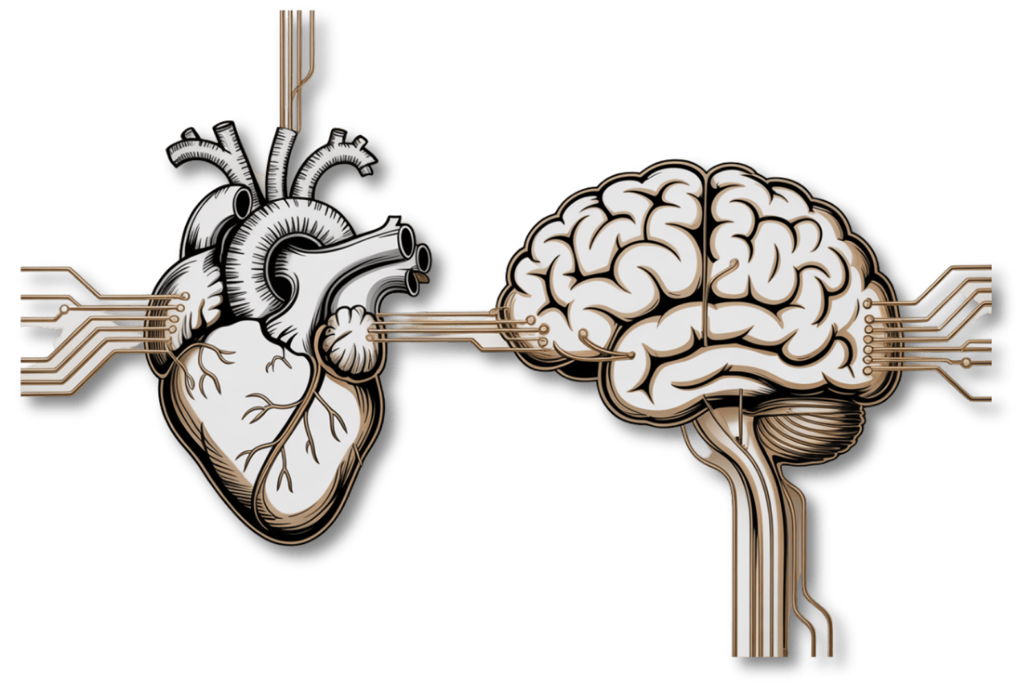 innerscript-blog-hero-heart-mind-connection Stylized heart and brain connected by gold circuitry, symbolizing the balance between emotion and thought in the InnerScript Method