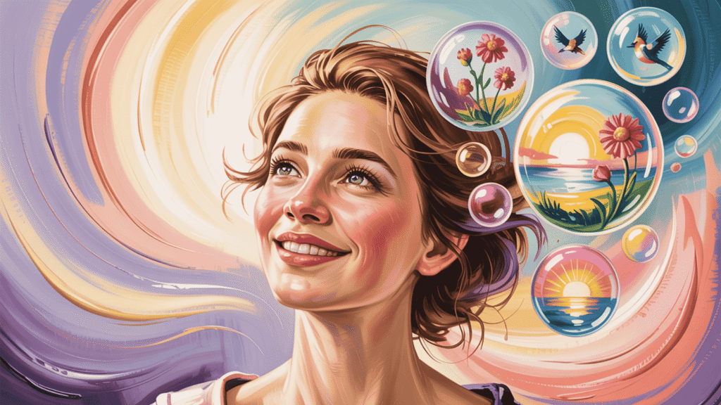 woman smiling with colorful light and floating bubbles showing flowers and sunsets