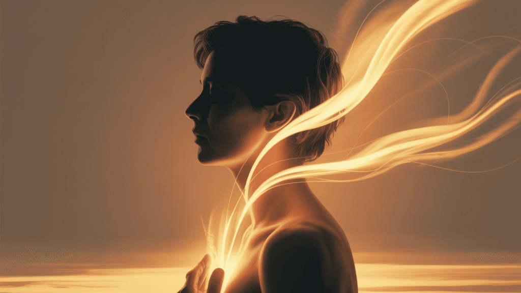 person in profile with warm golden light flowing from chest and head representing inner clarity