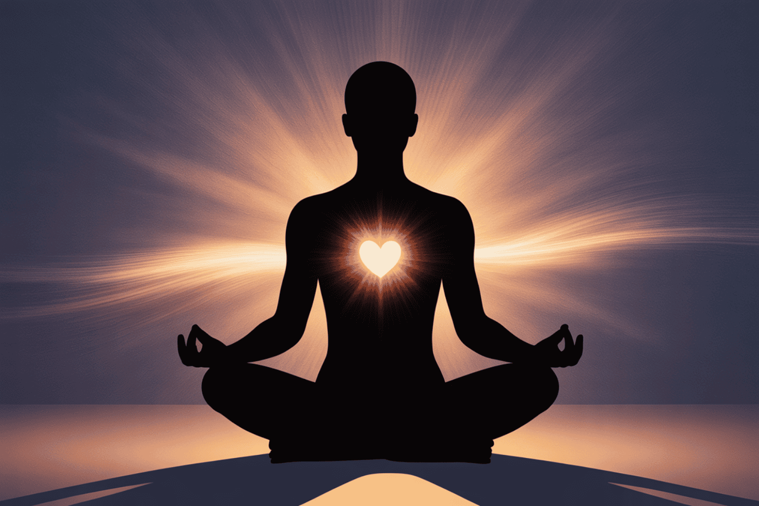 Silhouette of person meditating with visible light on chest area against blue background