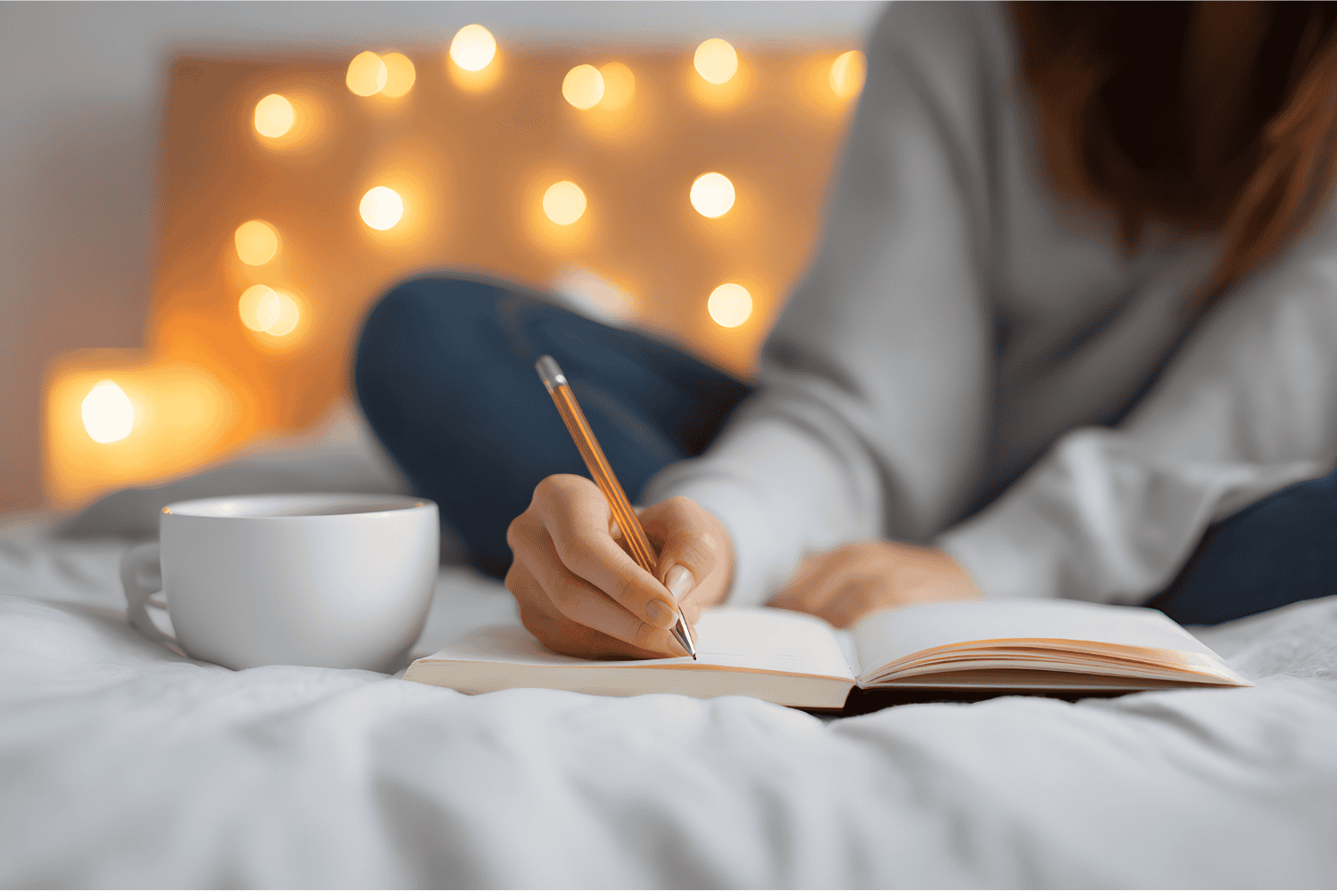 Person sitting on bed writing affirmations for healing in a notebook beside a coffee cup