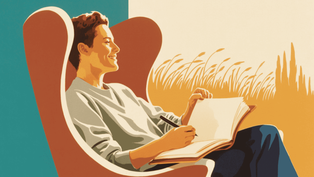 Smiling person sitting in a chair writing daily affirmations in a notebook.