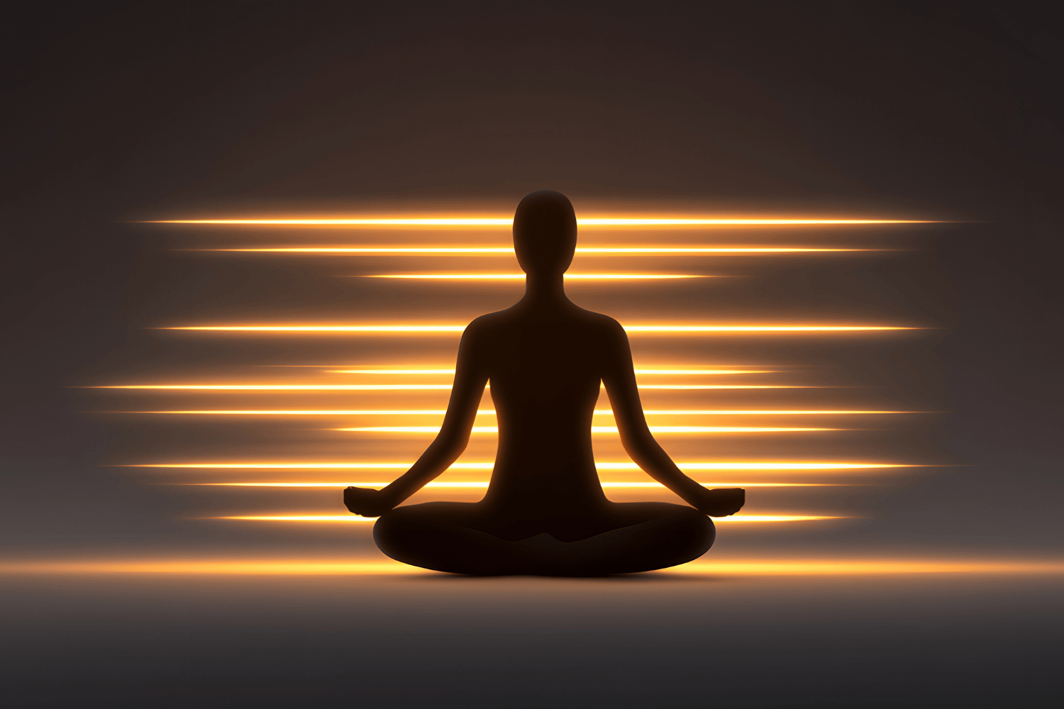 Silhouette of person sitting cross-legged with orange light lines in background.