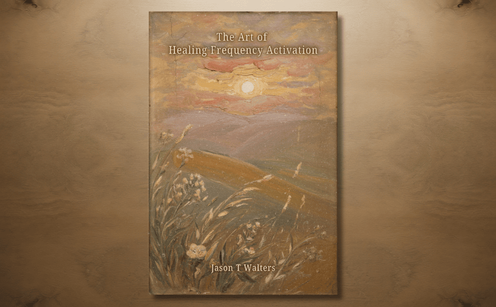 Book cover of The Art of Healing Frequency Activation by Jason T Walters, featuring a warm-toned landscape with sunlight over hills and flowers.