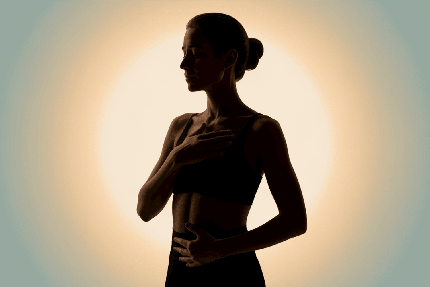 Woman with eyes closed practicing deep breathing exercise with hands on chest and abdomen