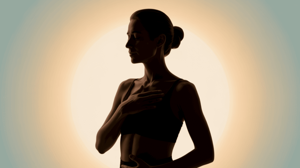 Woman with eyes closed practicing deep breathing exercise with hands on chest and abdomen