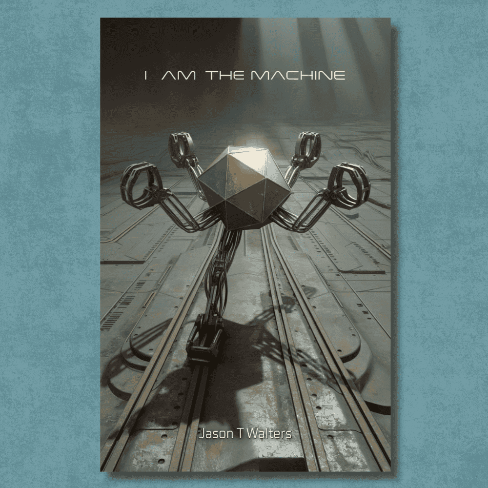 I-am-the-machine-book-mockup Book cover of I Am the Machine by Jason T Walters featuring a geometric metallic figure with multiple mechanical arms standing on a futuristic metal floor, illuminated by beams of light in a minimal sci-fi environment.