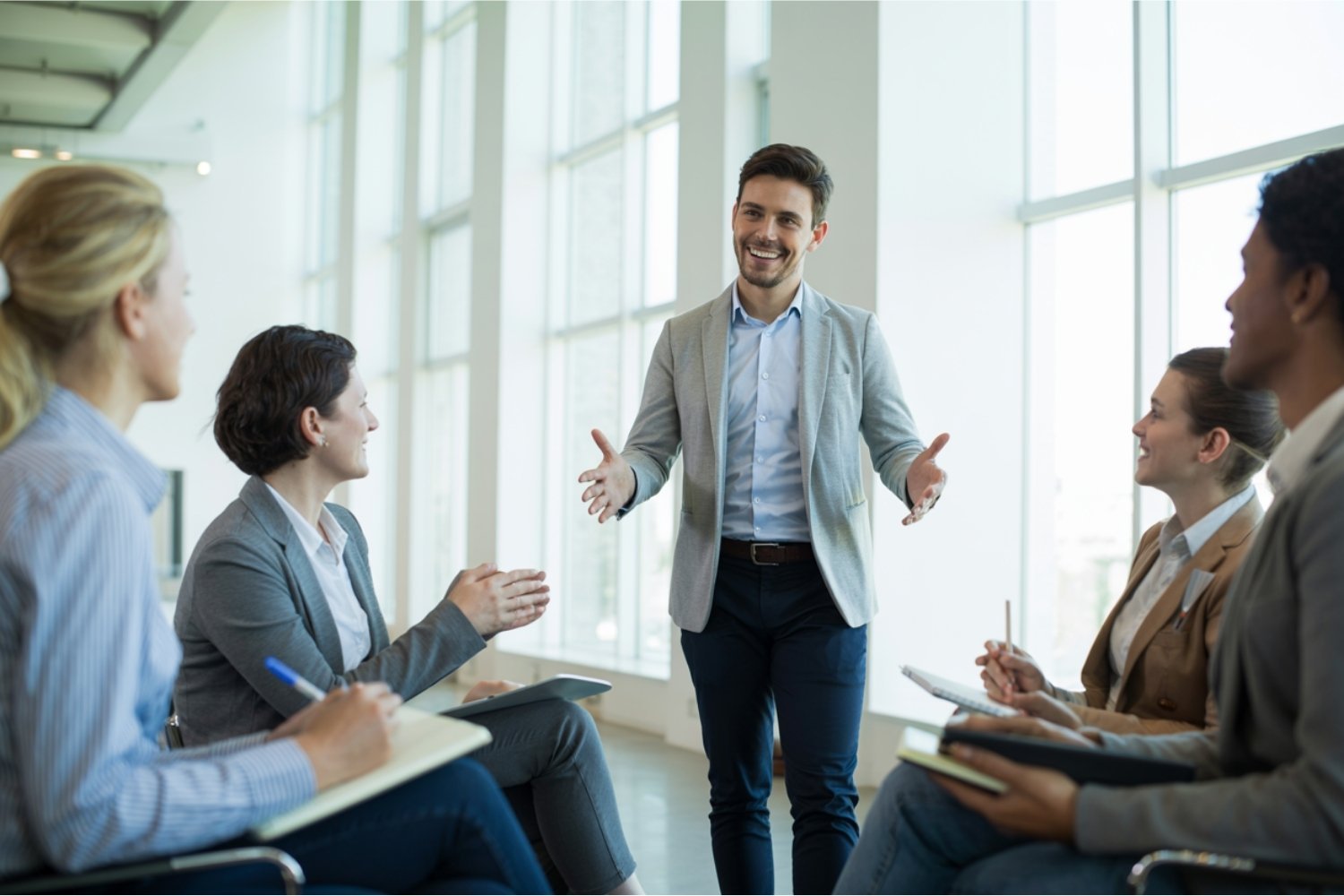Confident business professional presenting to colleagues about manifestation and success strategies