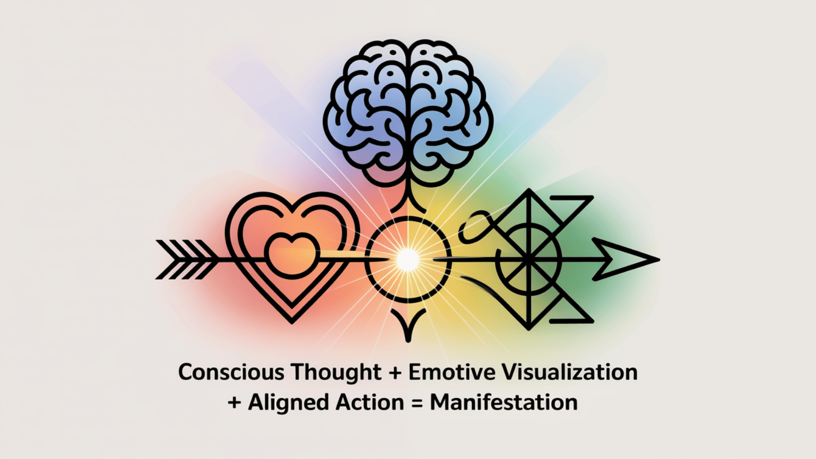 InnerScript Method manifestation formula diagram showing conscious thought plus emotive visualization plus aligned action equals manifestation