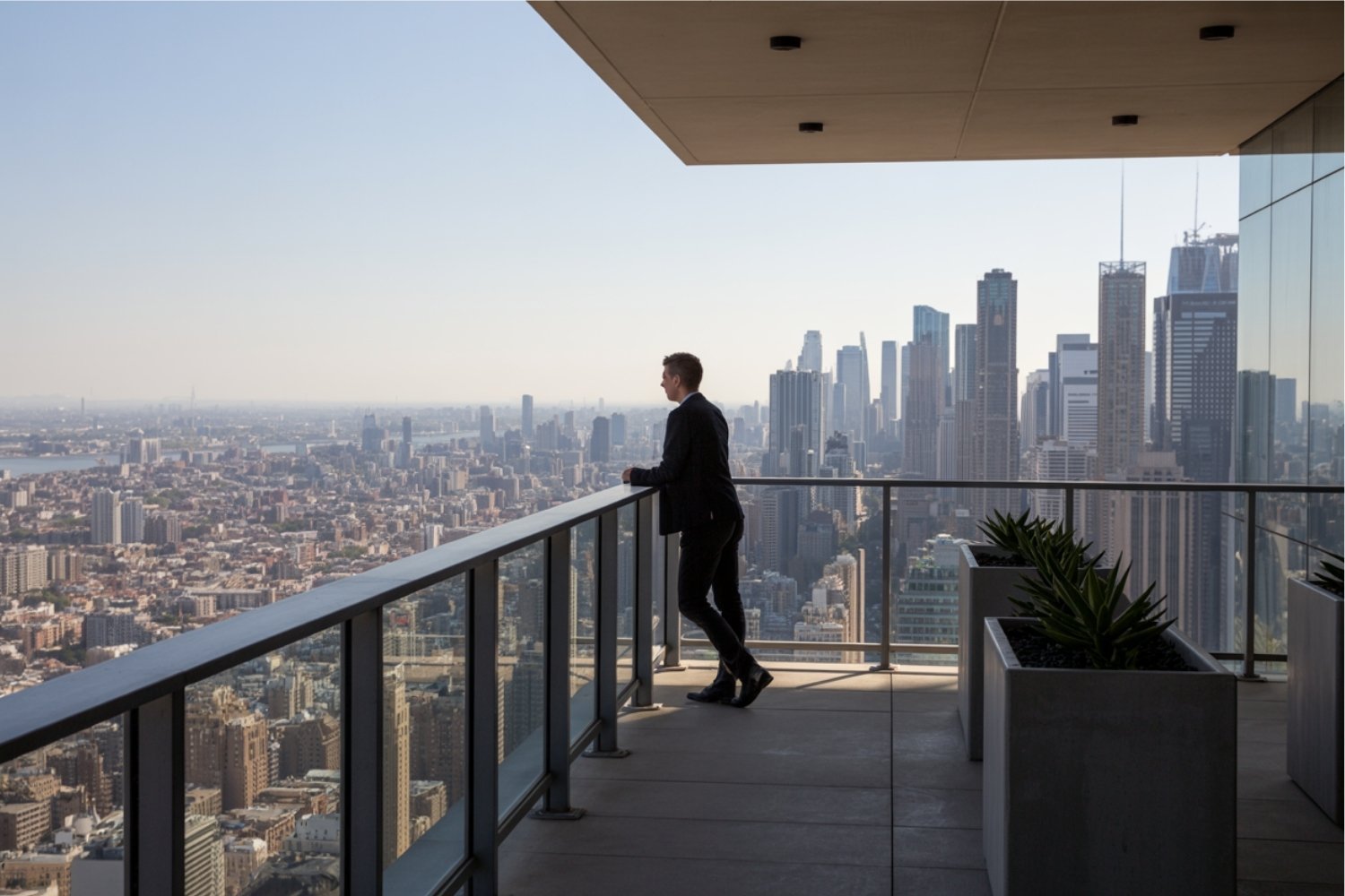 Professional man on city balcony practicing manifestation and visualizing urban success
