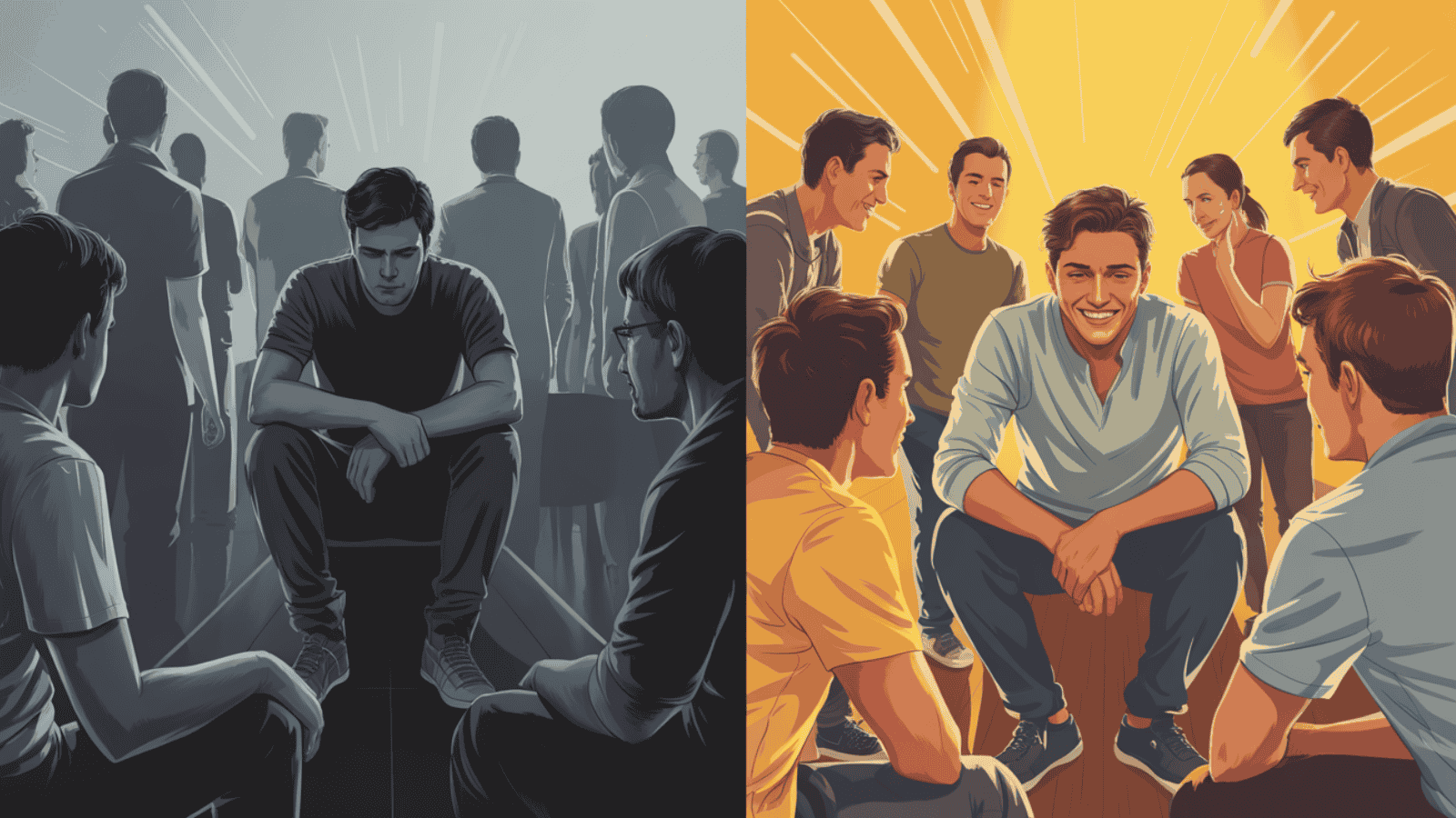 Split illustration comparing draining friendships in gray tones versus uplifting circle of friends in warm vibrant colors