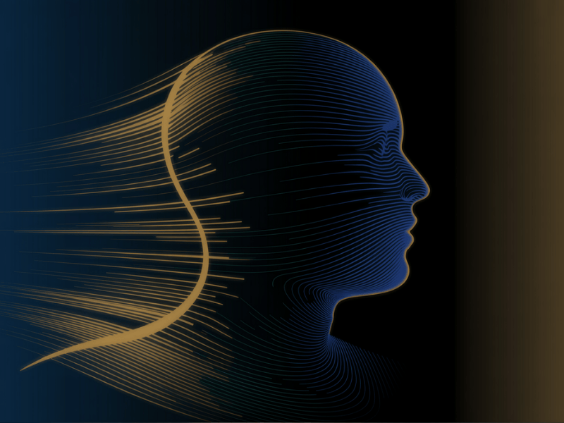 Abstract visualization of subconscious reprogramming showing human head profile with flowing neural pathways in blue and gold