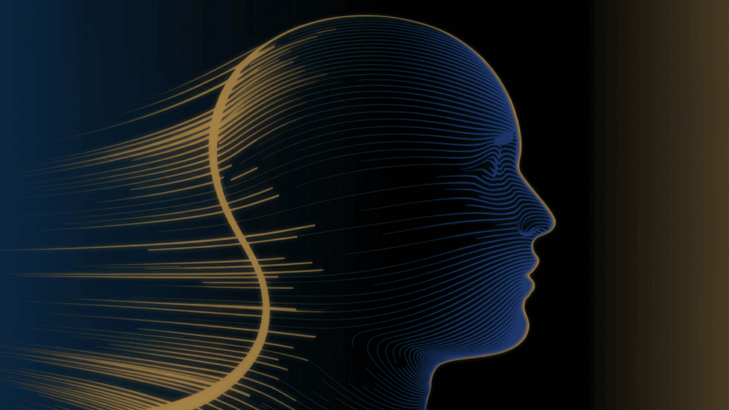 Abstract visualization of subconscious reprogramming showing human head profile with flowing neural pathways in blue and gold