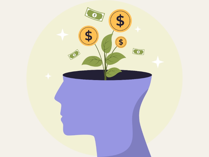 Illustration of human head silhouette with money tree growing from brain representing wealth mindset and financial abundance programming
