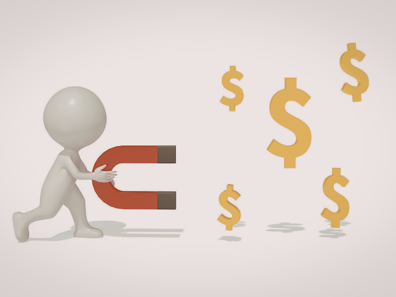 3D figure using magnet to attract dollar signs representing how money affirmations magnetize wealth through subconscious reprogramming